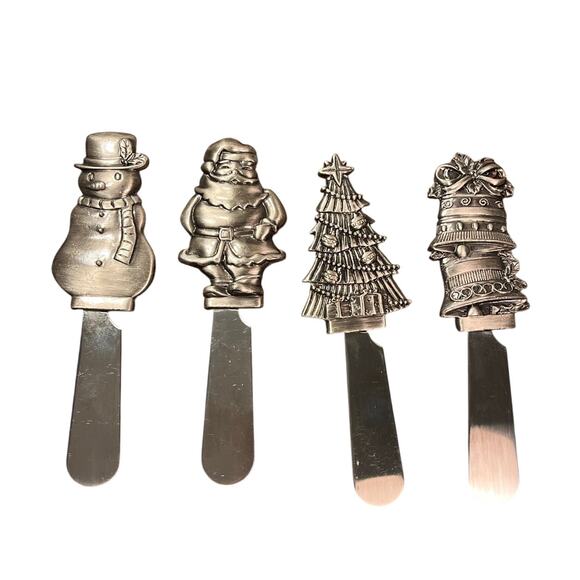 Christmas Holiday Cheese Spreaders Set of 4 – Santa, Tree, Snowman, Bells SS - Picture 1 of 11